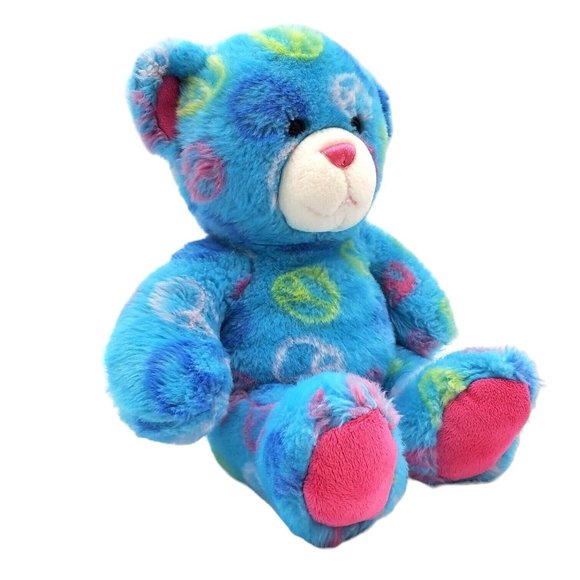 Build A Bear Peace Sign Teddy Bear Stuffed Animal Plush 14" Blue Pink 2010 - Picture 3 of 7